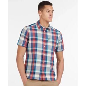 Barbour Madras 7 Plaid Check Short Sleeve Regular Fit Summer Shirt Red Blue